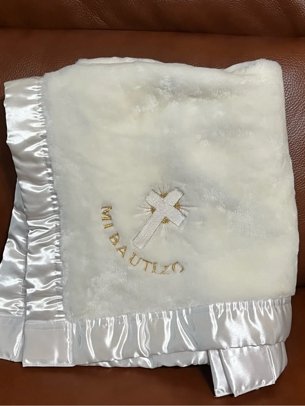 Baby Mink Soft White Satin-Trim Blessed Baby Baptism Blanket - Embroidered Cross